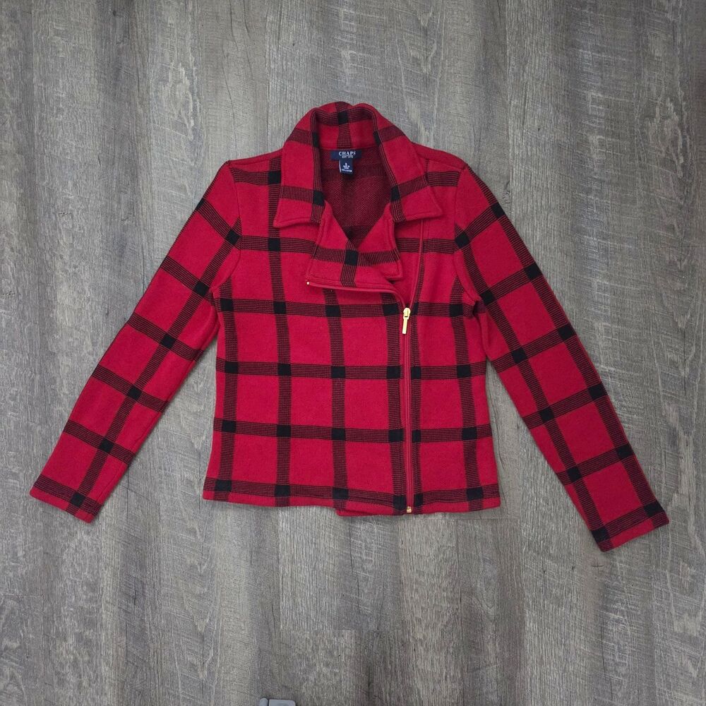 NEW Chaps Women's Sweater Jacket Size Small Red Black Plaid 100% Cotton Moto Zip